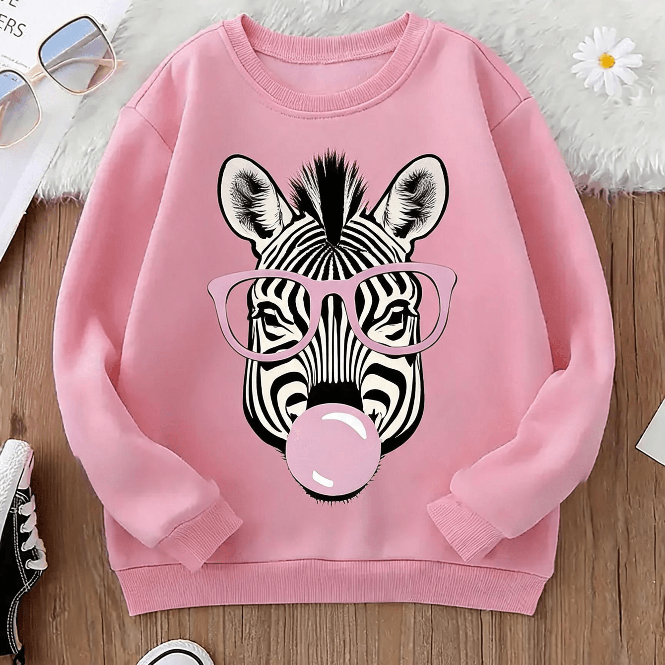 Image of Zcaynger Neck Sweatshirt Zebra With Pink Glasses Blowing Bubble Gum 100% Terry Fleece Thickened Autumn Winter Daily Wear