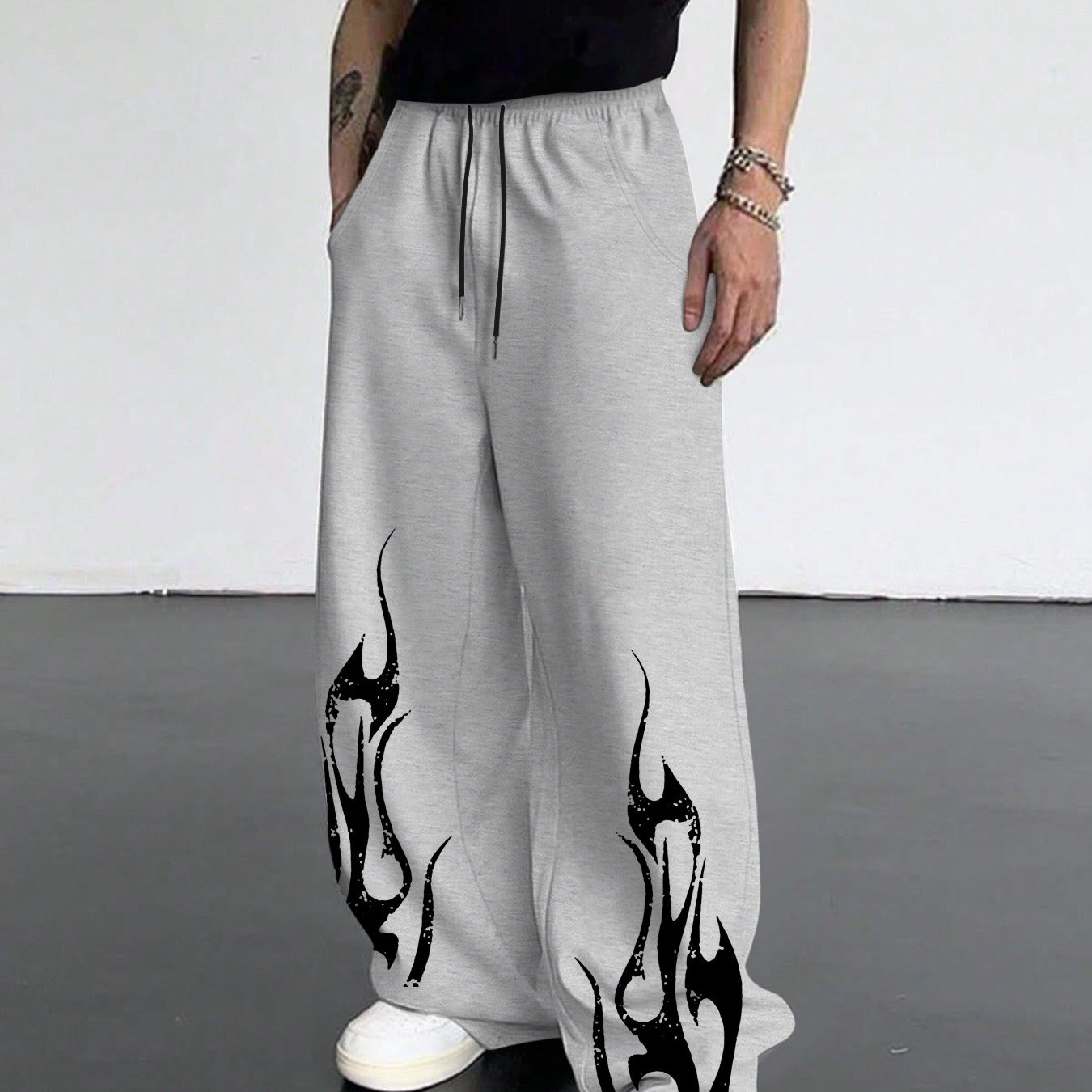 TEMU Men's Trendy Flame Athletic Straight Leg Pants, Sizes S-2xl Regular Fit Polyester, Street Style Loose Drape Wide Leg Trousers, Casual Outing