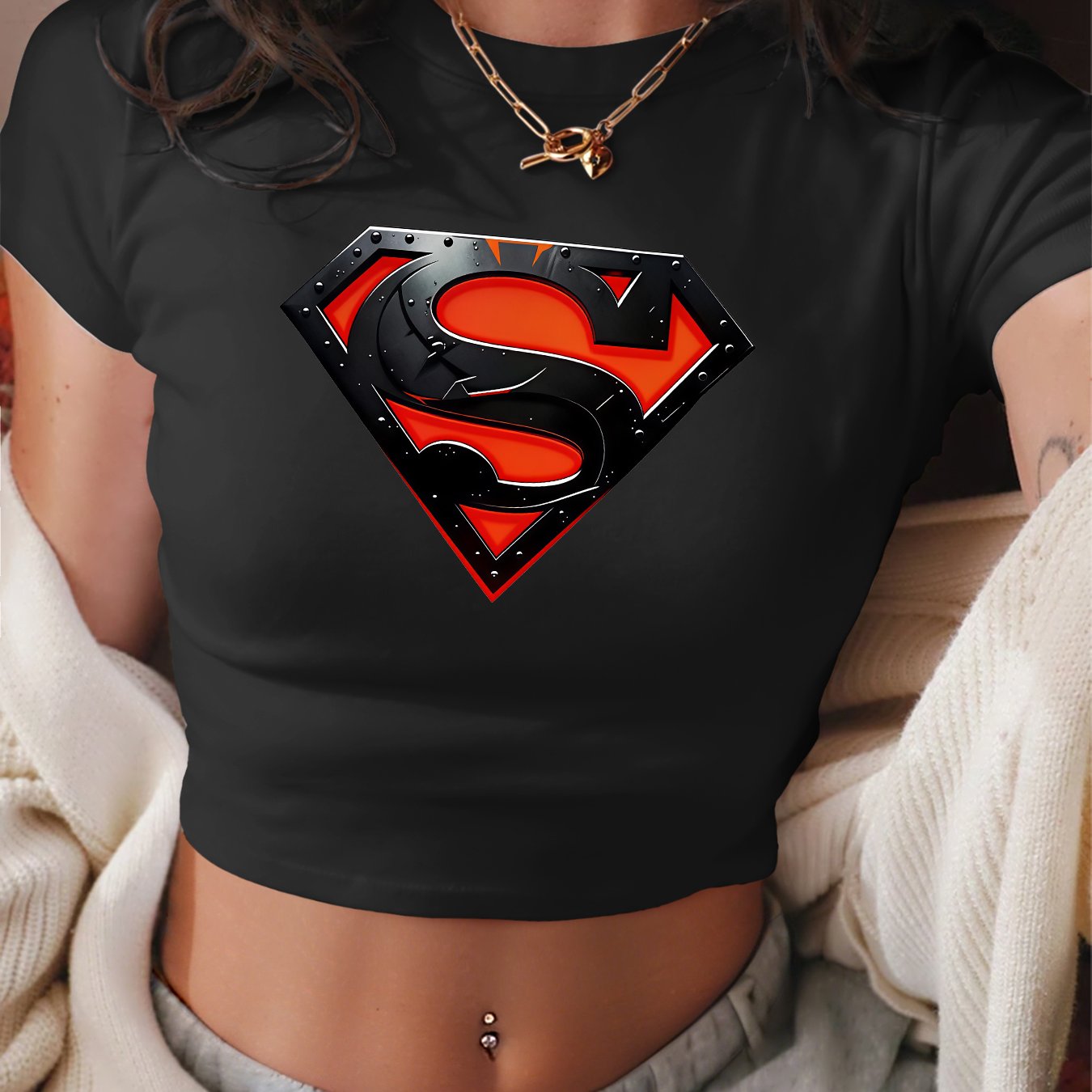 TEMU [genuine] Women's Summer Short T-shirt | Superman Black And Red Three-dimensional Metallic Texture Badge Print Women's T-shirt | 1pc Style