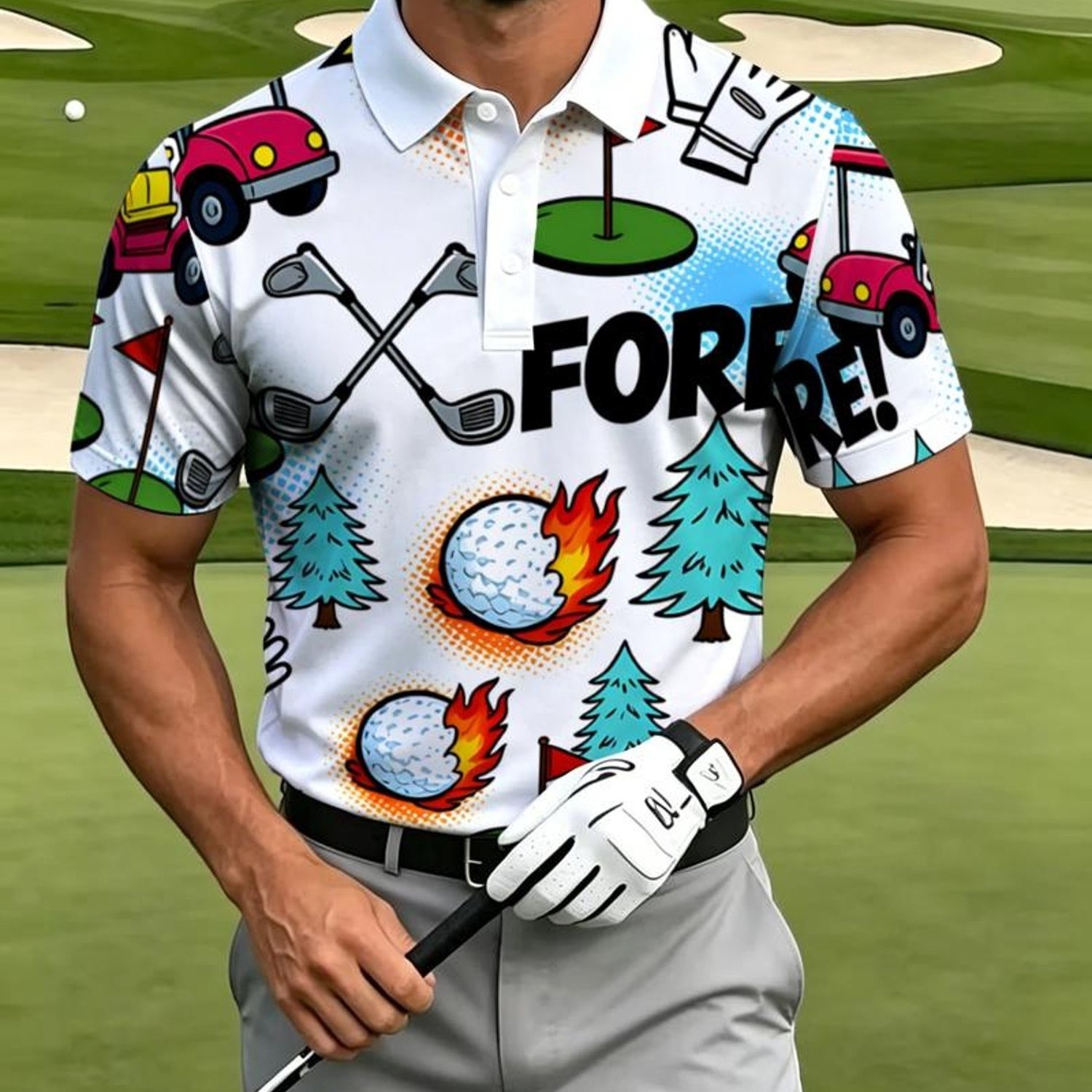 TEMU Men's Golf-themed Shirt, Printed Design (not Textured), Available In Mixed Colors And Multiple Sizes. Features A Cartoon-style Graphic With A