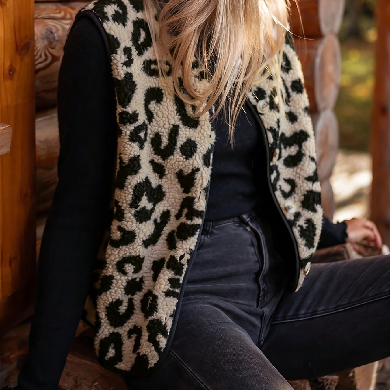 TEMU 1pc Leopard Print Plush Vest For Women, Autumn/winter Plush Jacket Outerwear, Women's Fall Apparel, Elegant For Vacation And Commuting Wear