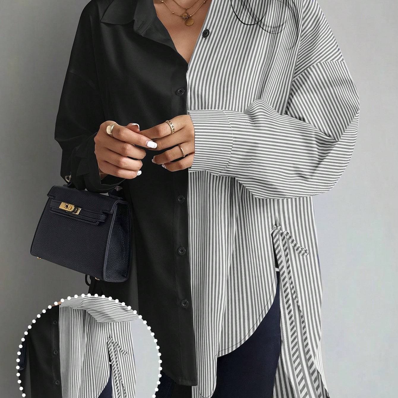 E-shop Damen Freizeit Color-Block Gestreiftes Asymmetrisches Saum Shirt, Damen Bluse, Langarm Top