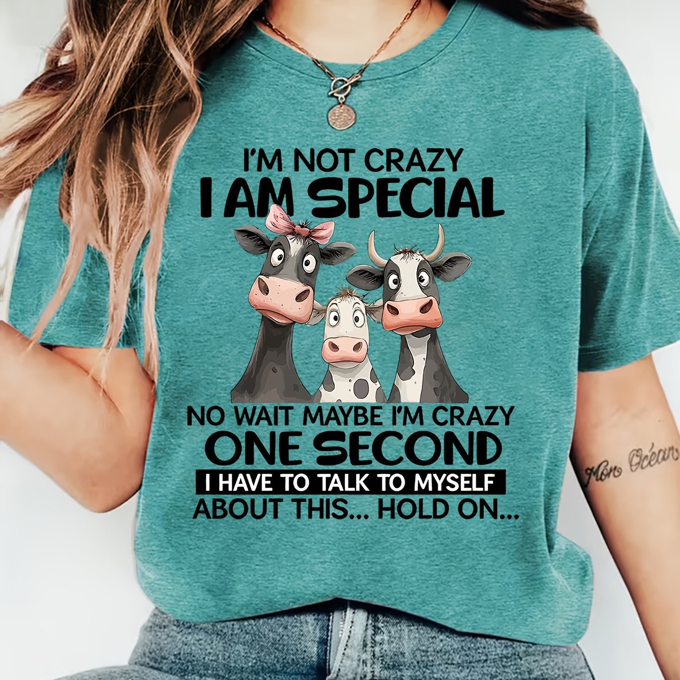TEMU Women's Fun ' Crazy, I'm Special' Cow Print T-shirt - Soft And Casual Crew Neck, Suitable For Daily Wear, Machine Washable, Comfortable And