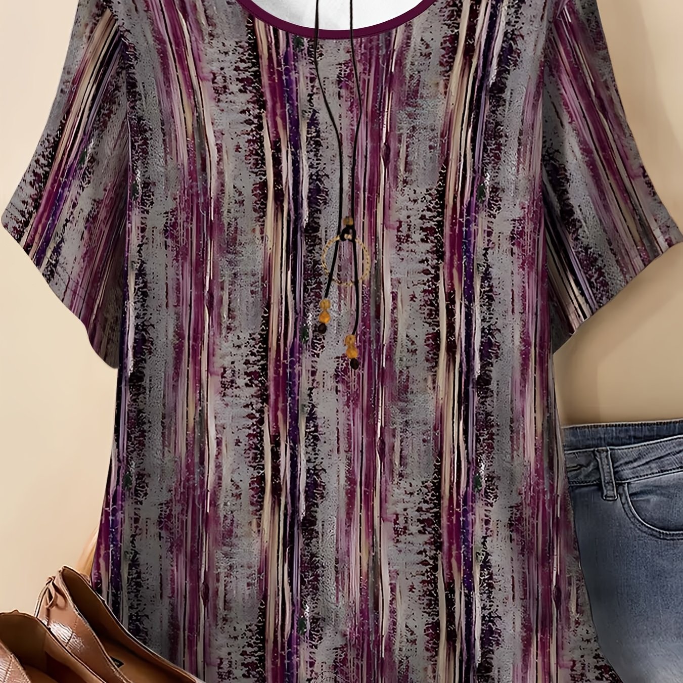 TEMU Printed Loose-fit Short-sleeve Top, Women's Round Neck Casual T-shirt, Summer Fashion
