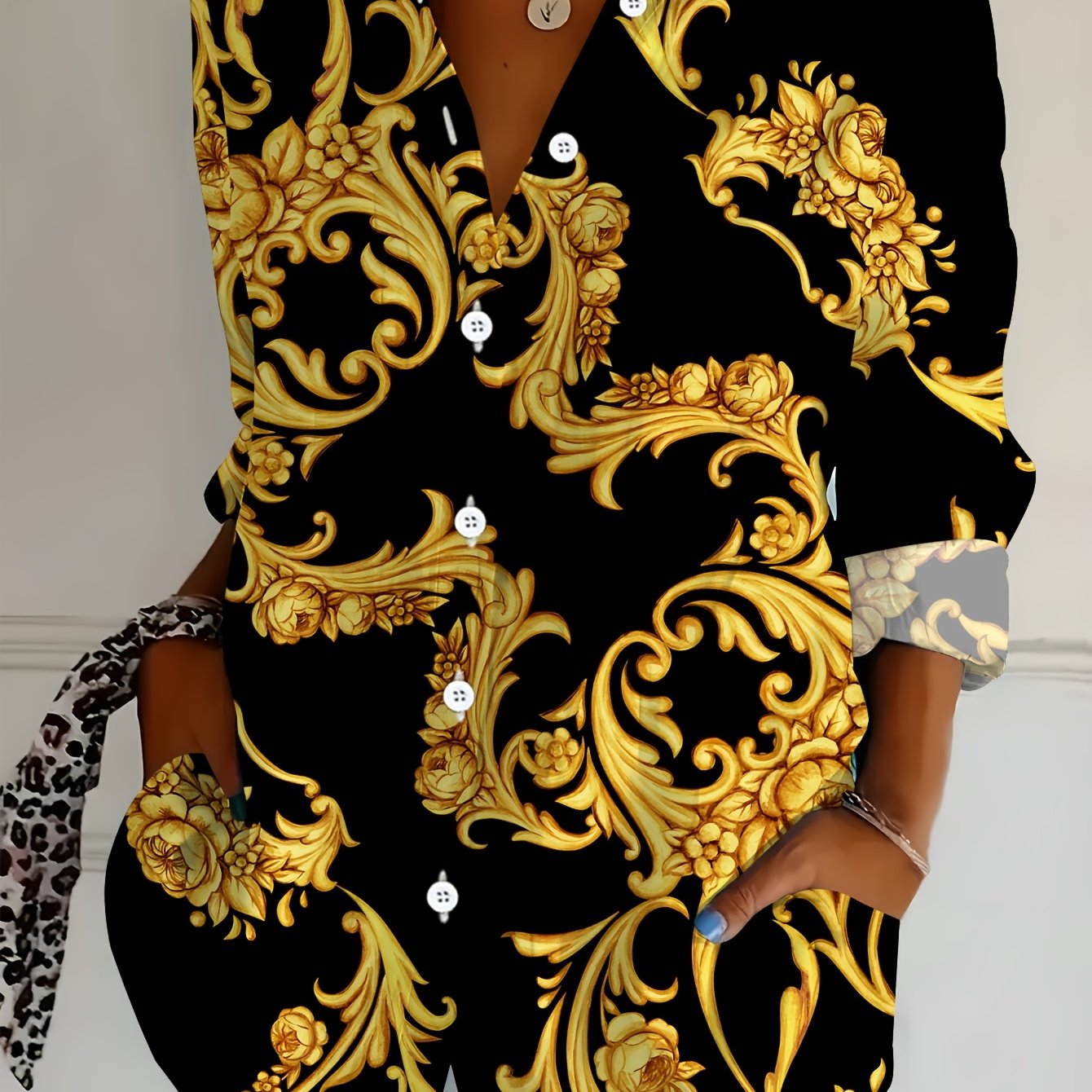 TEMU Chemise Grande Taille à Manches Longues pour Femme, Blouse Imprimée avec Éléments Floraux, Chemise Décontractée Mi-Longue pour Femme et Doré,