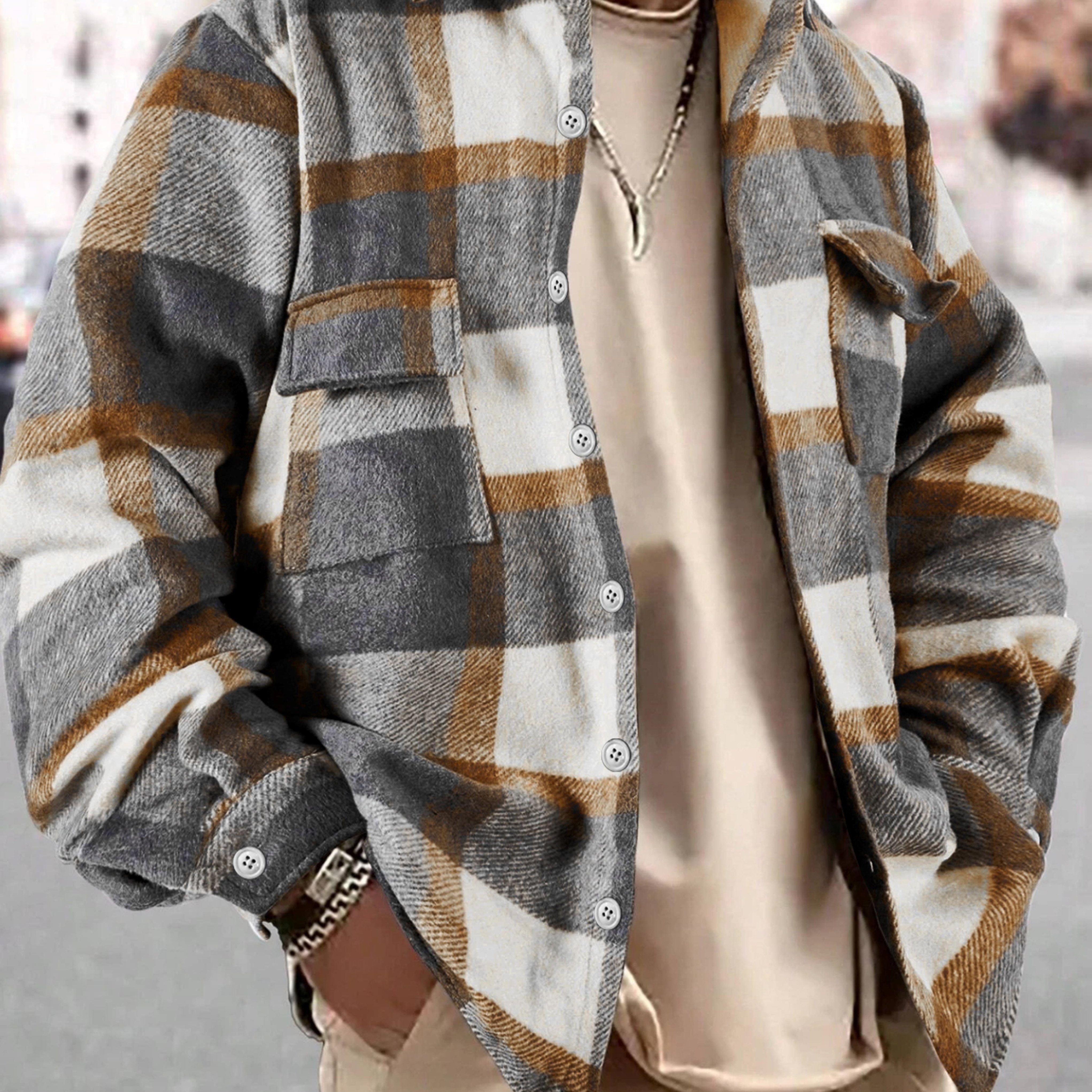 Image of Autumn/winter Men's Casual Jacket, Vintage Lapel Long-sleeve Shirt Top, Button-up Cardigan Outerwear, Chest , For Outdoor Sports And Daily Wear, Stylish And Versatile Style