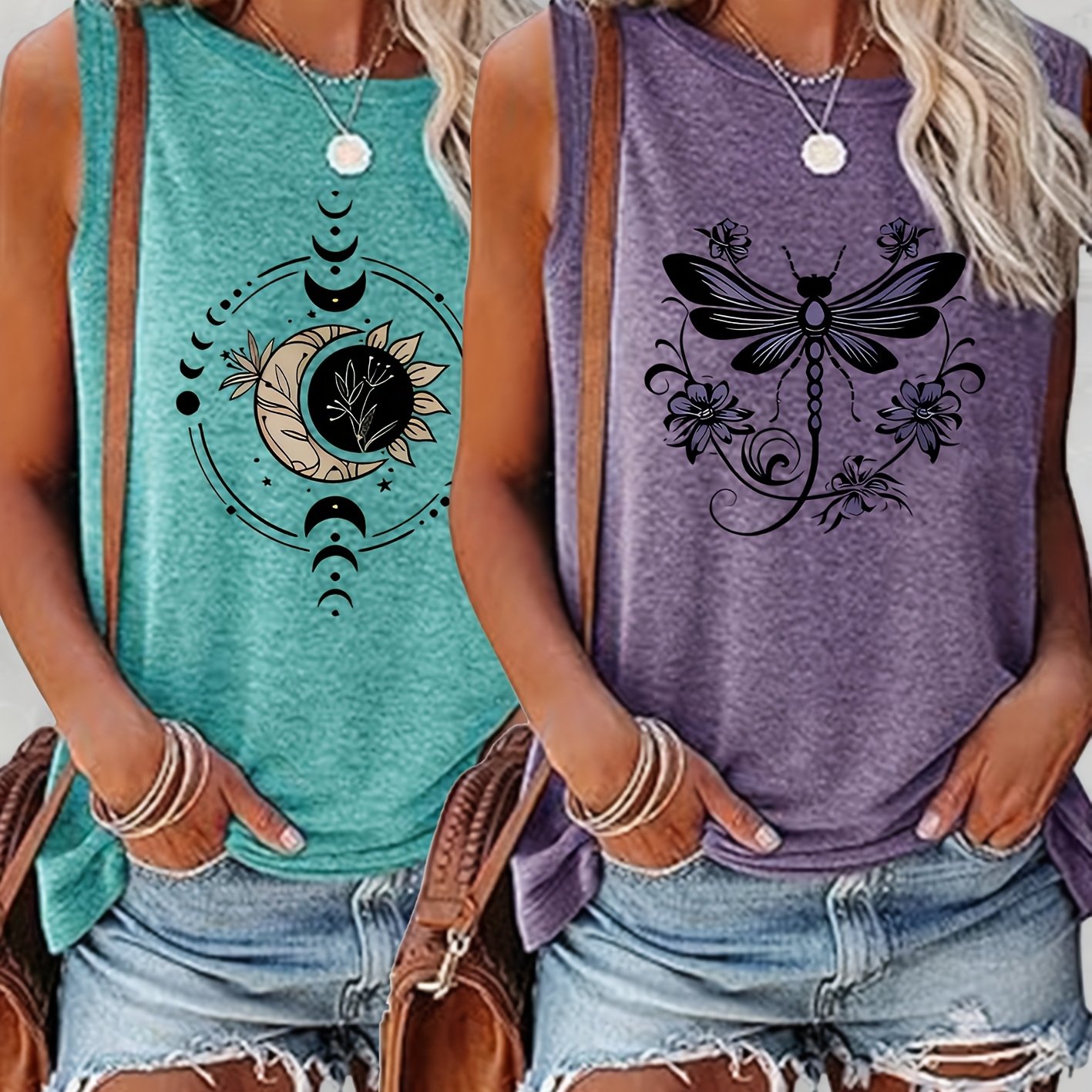 TEMU A Two-piece Set Featuring A Easy Retro Design With Moon, Flower, Dragonfly, Letters, This New Pattern Print Round-neck Tank Top Is Perfect For