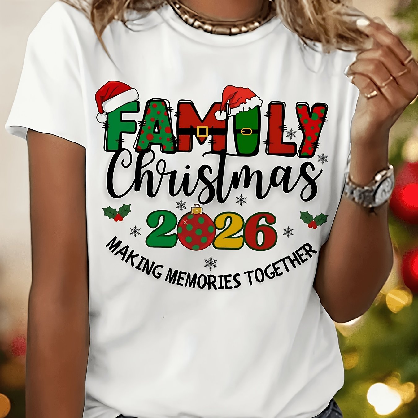TEMU Women's Holiday Christmas T-shirt- '2026 Family Christmas' Design, Casual Crew Neck, Polyester, Regular Fit Holiday Top With Santa Hat And