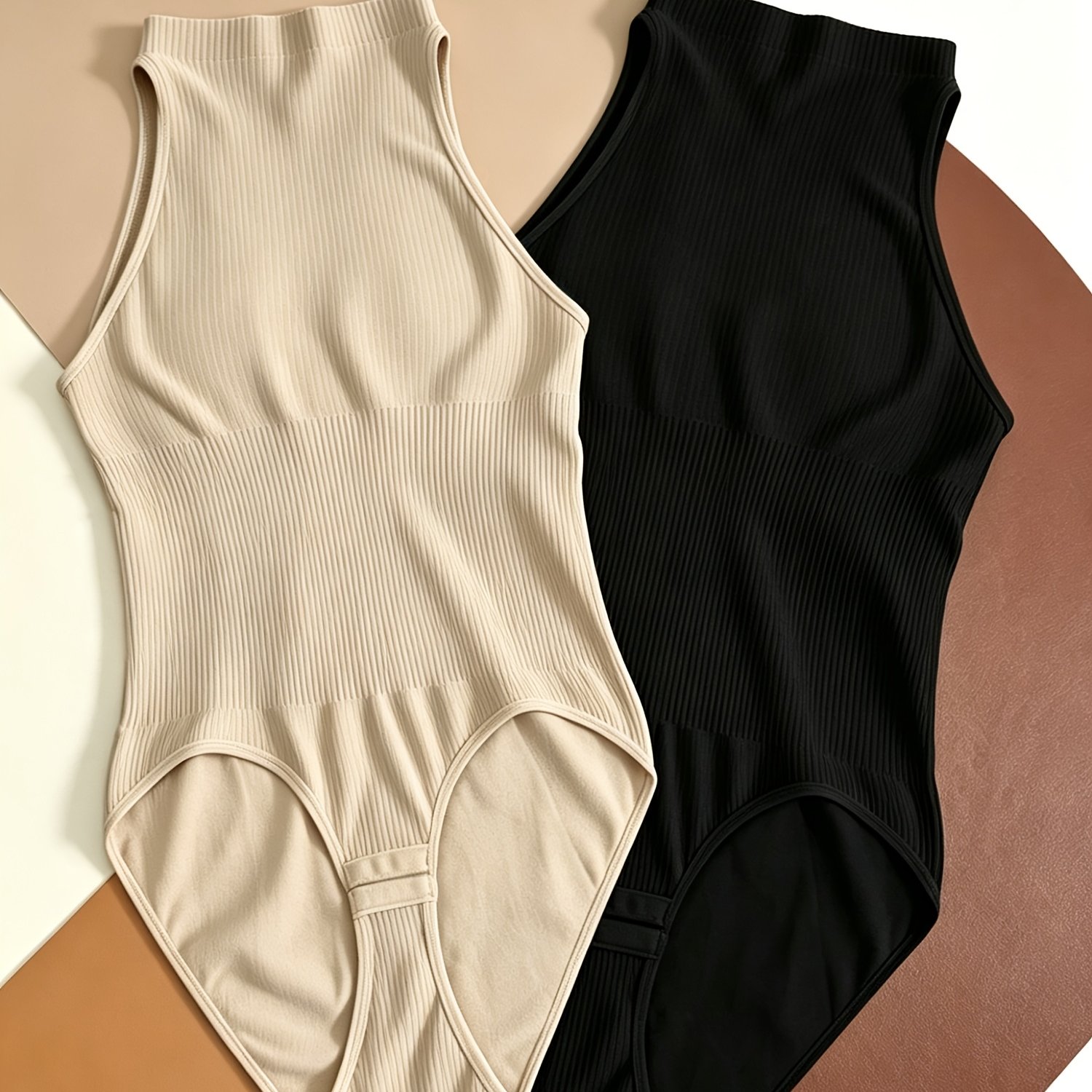 Image of 2pcs Women's Halter Neck Sleeveless Bodysuit Tummy Control Shapewear Body Shaper Adjustable Crotch Triple Buttonhole Design