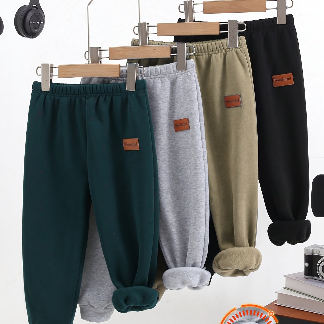 4pcs Boys' Solid Color Casual Fleece Pants Set - Black, Gray, Beige, Dark Green With Pockets, Fall/winter Outdoor Activities, Everyday Wear, Everyday Wear| Pants|soft Texture Pants, Boy Pants, Outdoor