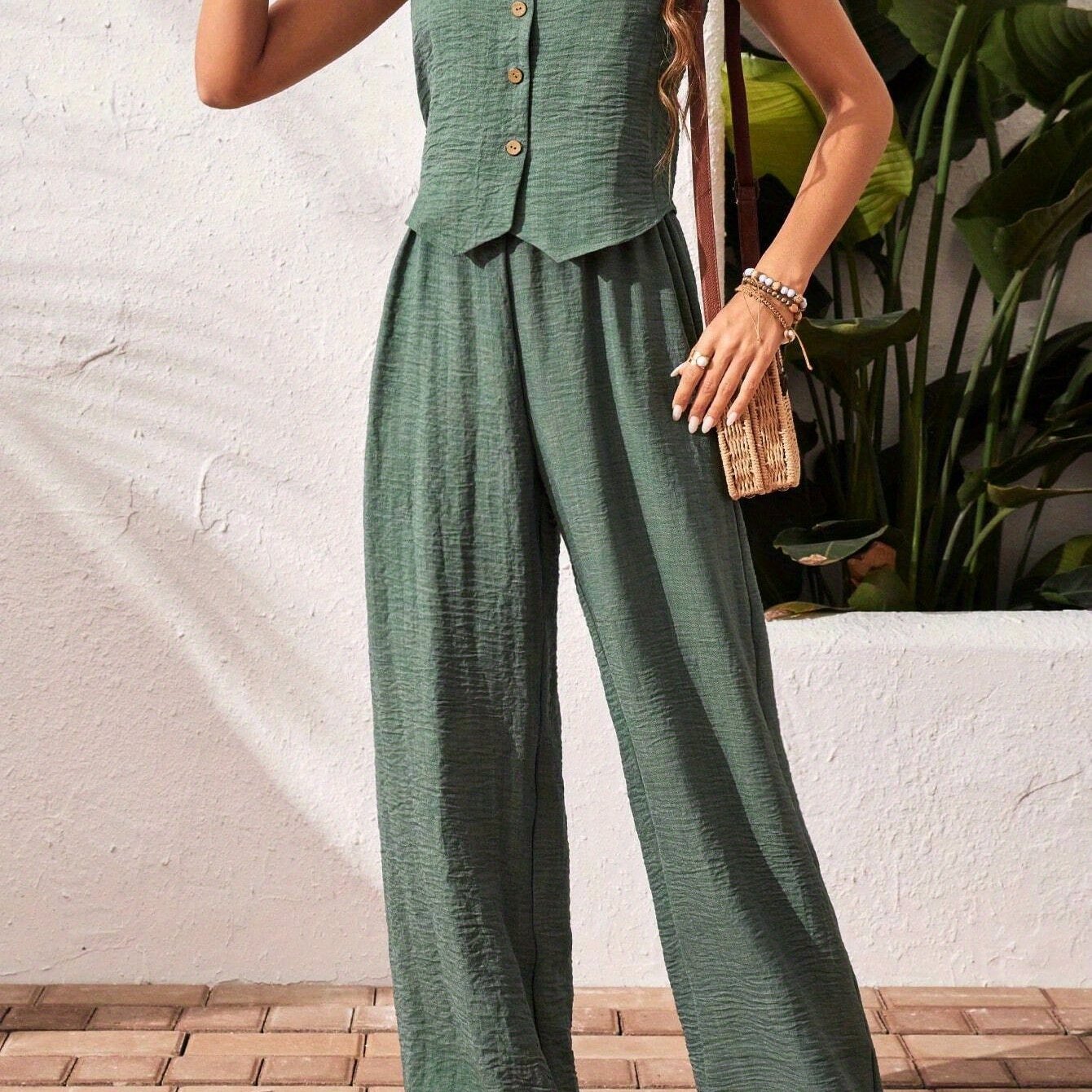 Women' Color Front Sleeveless Shirt And Trousers Casual Suit Spring/autumn Women's Fashion Elegant Unique Two-piece Set