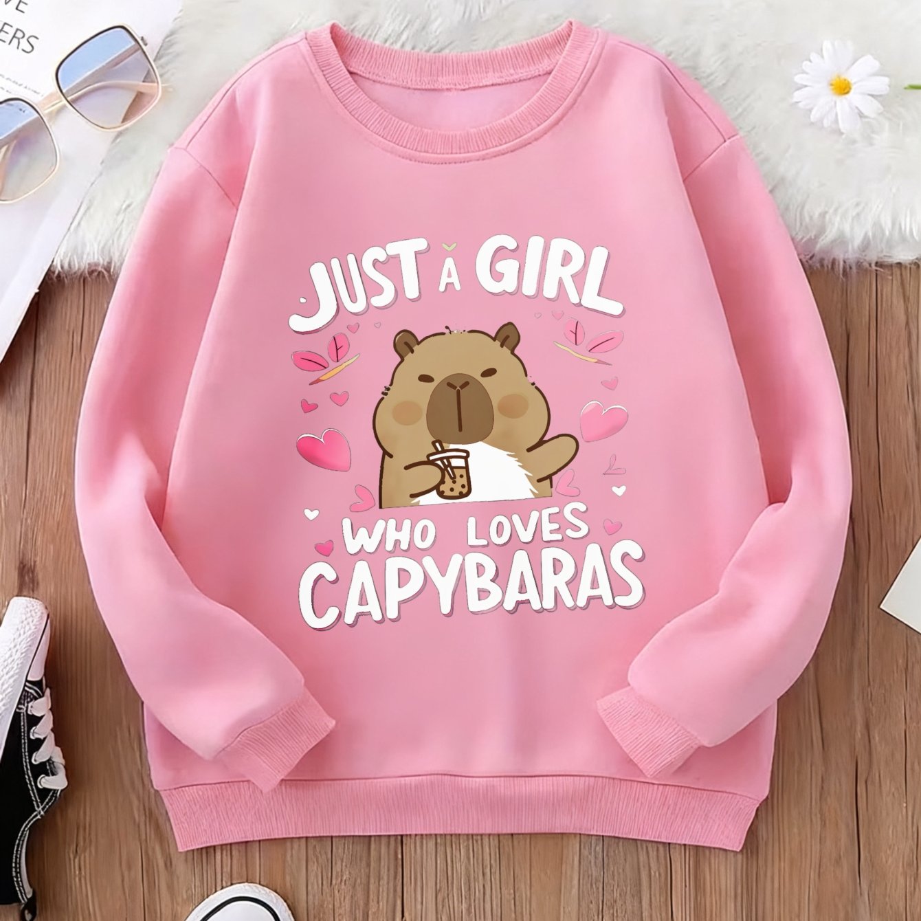 Image of Children's Who Capybaras Print Crewneck Sweatshirt Pure Cotton Terry Thickened Autumn Winter Warm For Capybara Lovers