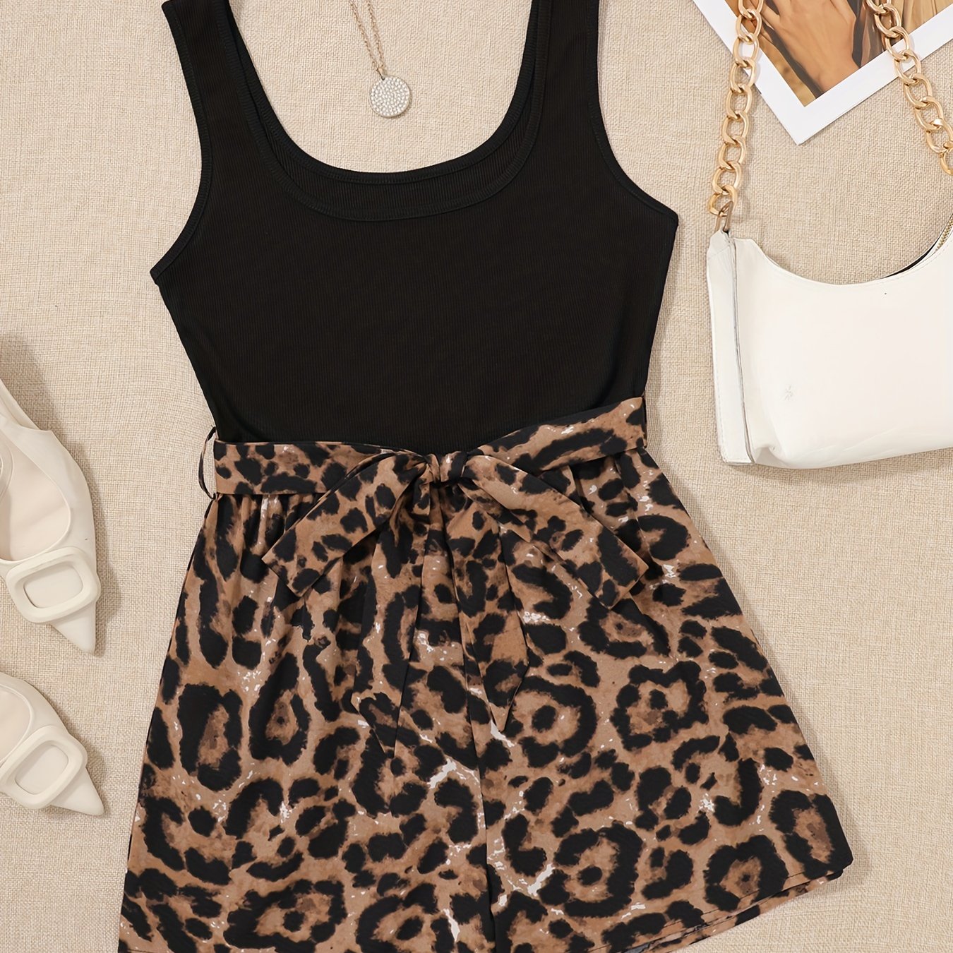 Solid Color Vest Top Leopard Print Wide Leg Shorts Bow Belt Strappy Jumpsuit