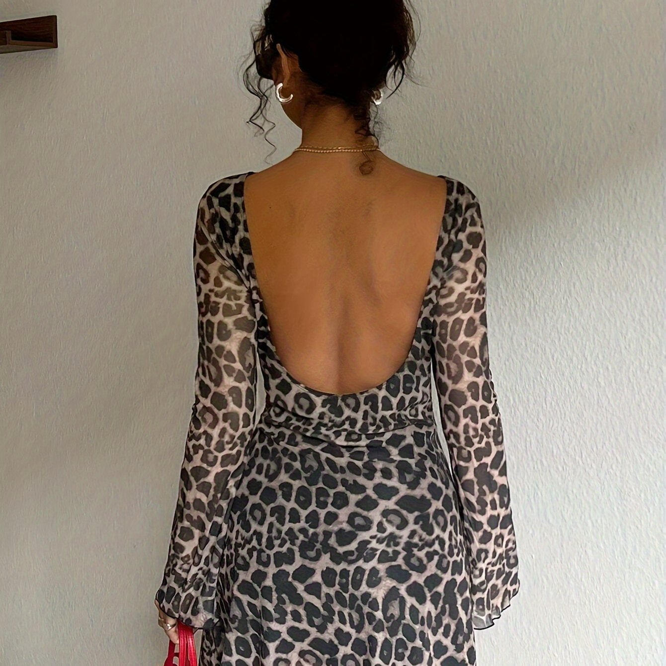 Gavin Women's Spring/summer/autumn Sexy Leopard Print Backless Flared Long Sleeve Mesh Dress