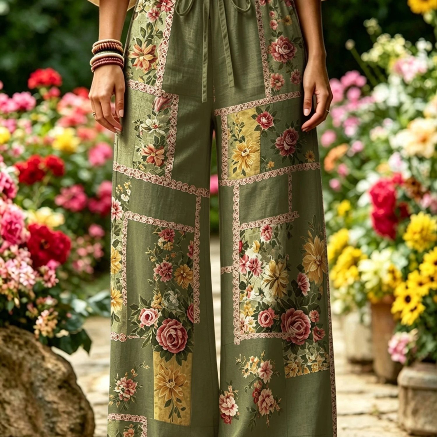 TEMU Plus Size, Plus-size Olive Green Wide-leg Trousers - Floral Print Pants Suitable For Moms, Wives, Sisters | Machine Washable Non-stretch Wide