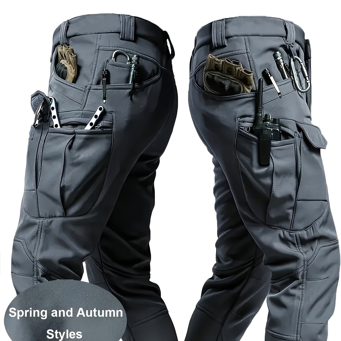 TEMU Men's Outdoor Work Trousers, Spring Summer Autumn Wear, Solid Sport Style, Lightweight, Mid-rise, Multi, No Belt, Ideal For Electricians,