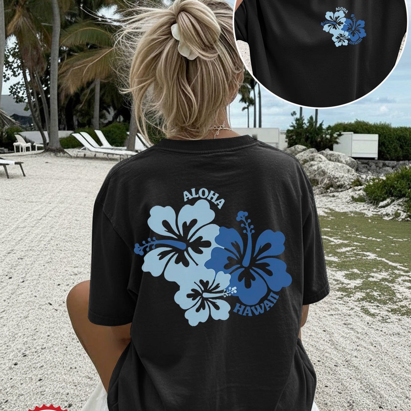 Image of Plus Size, Double-sided Print Women's Summer Casual Top, Hibiscus Print Short Sleeve Round Neck Loose Fit T-shirt