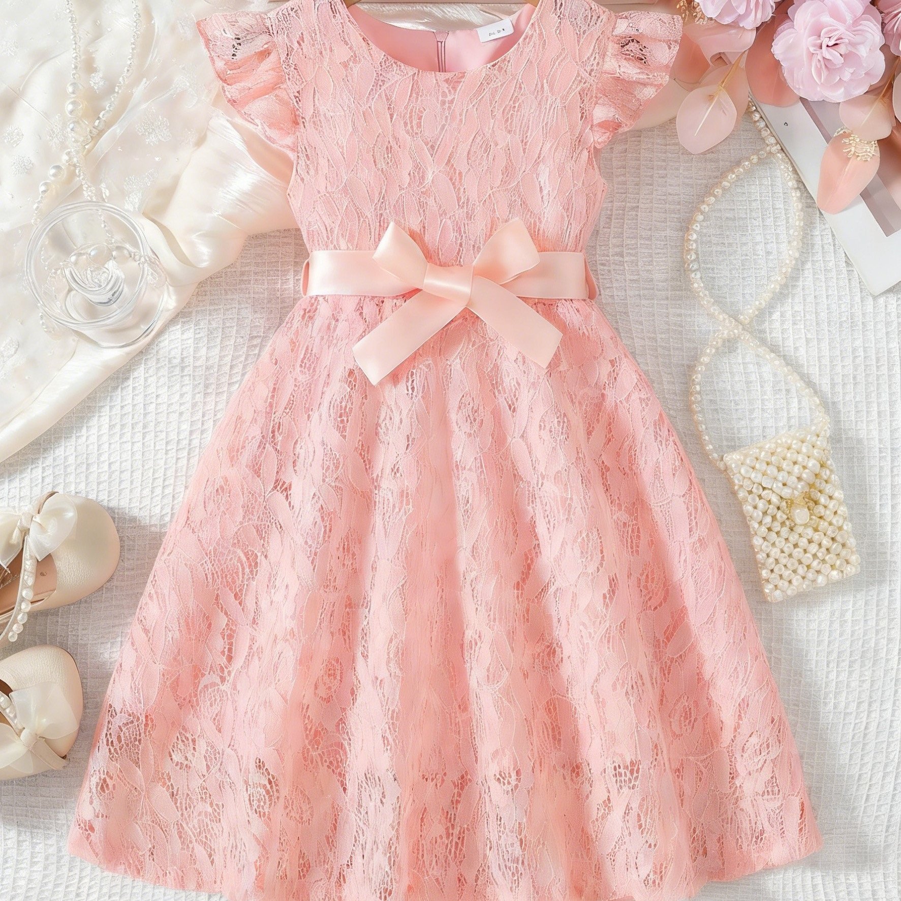 Image of 3 Years Old Girls' Spring Summer Elegant Dress, Solid Color Lace Round Neck Small Flutter Sleeves Zipper Sweet Cute Dress, With Belt Suitable For Daily Casual Birthday Parties Gift For Children