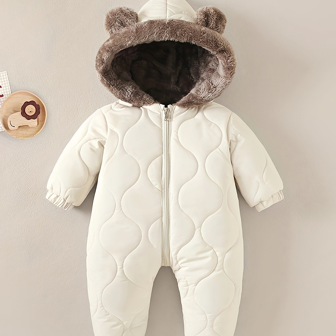 Image of Unisex Snowsuit Winter Warm Fleece-lined Hooded Romper - Long Sleeve Loose Fit Thermal Outfit For, Hand Wash Only, Solid Color, Perfect For Outdoor