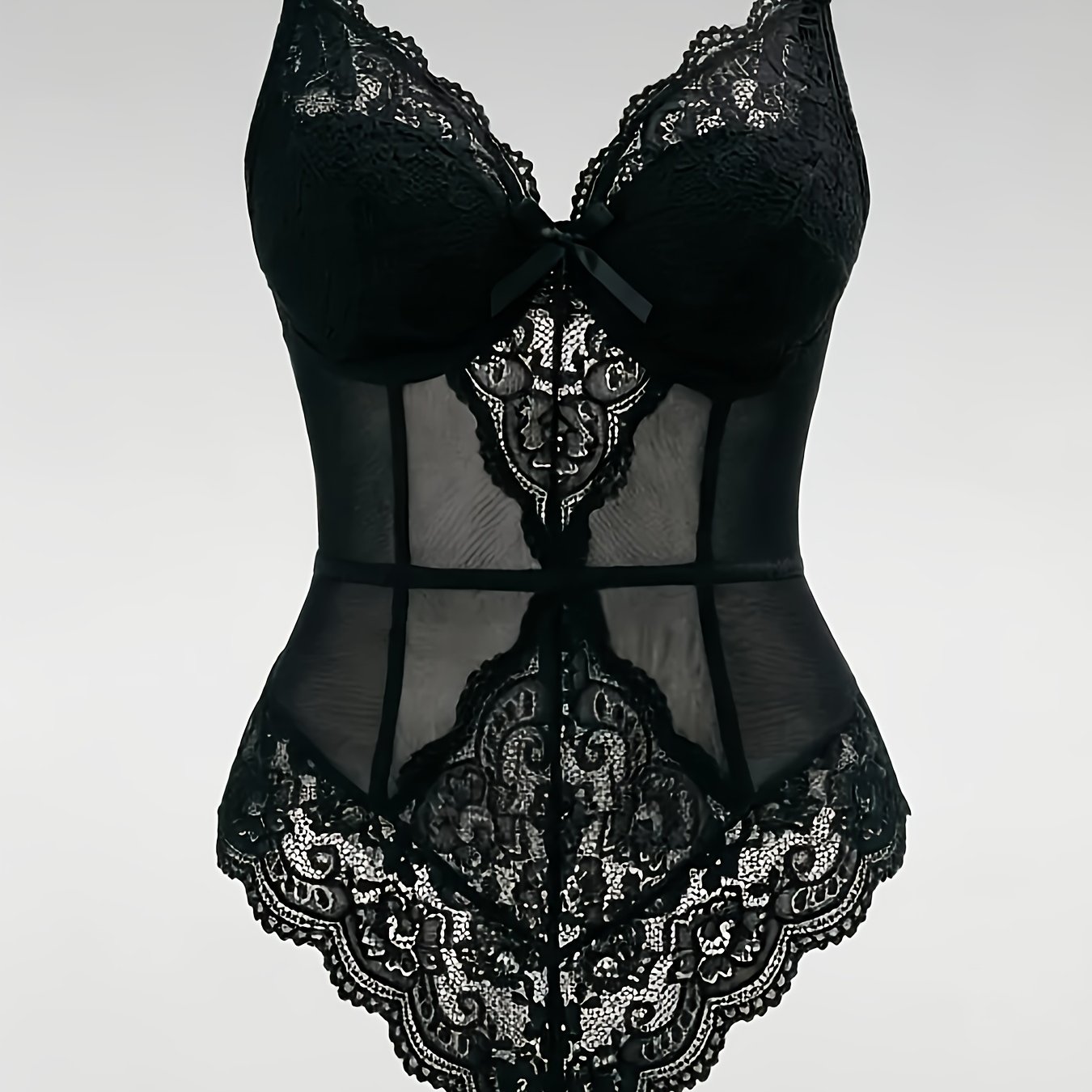 Image of Plus-size Women's Sexy Bodysuit, Lace Floral Mesh, V-neck Design