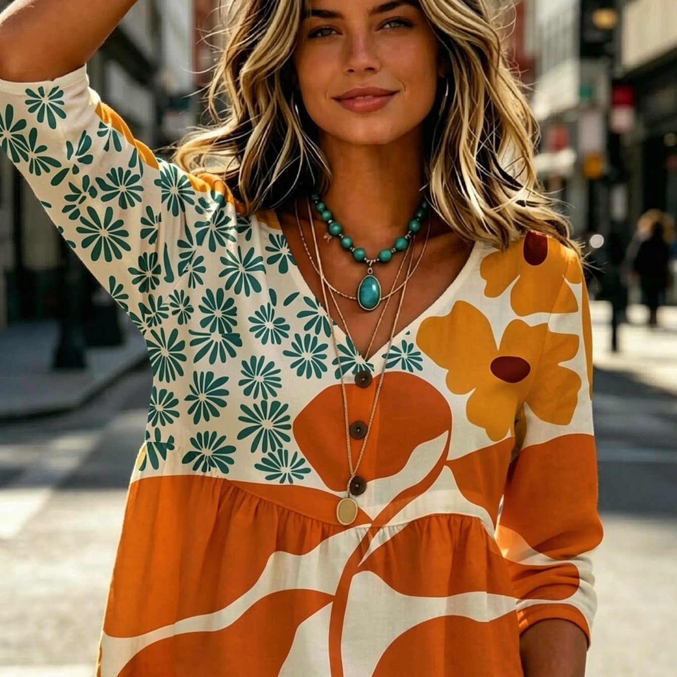 Image of Plus Size, New Women V Neck 3 Button 3 Quarter Sleeve Top White Green Small Flower Orange Big Flower Block Print Breathable Multi Occasion Gift For Ladies