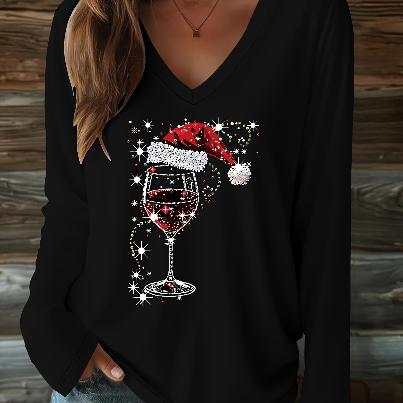 Image of Letter Print T-shirt, Long Sleeve V Neck Casual Top For Spring And Fall, Women's Clothing
