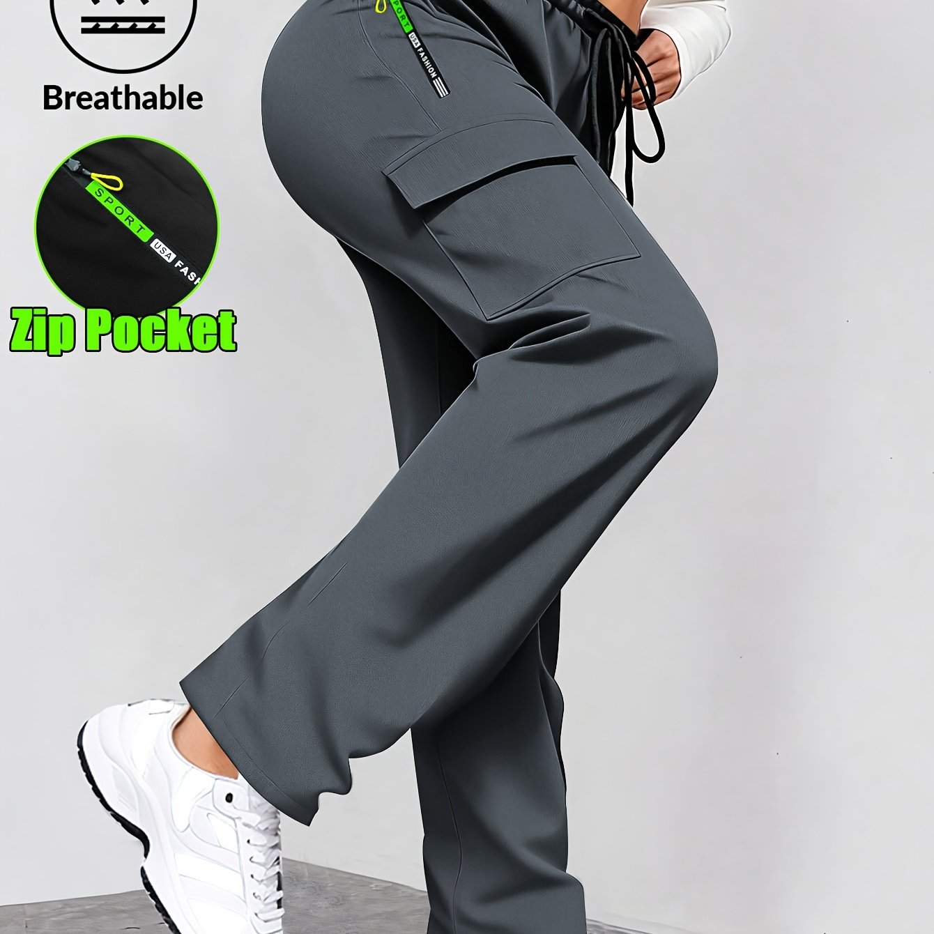 TEMU Women's Spring And Autumn Style Letter Green Zipper Pocket Cargo Pants, Fashionable Large Patch , Drawstring Elastic Waist Casual Outdoor Long