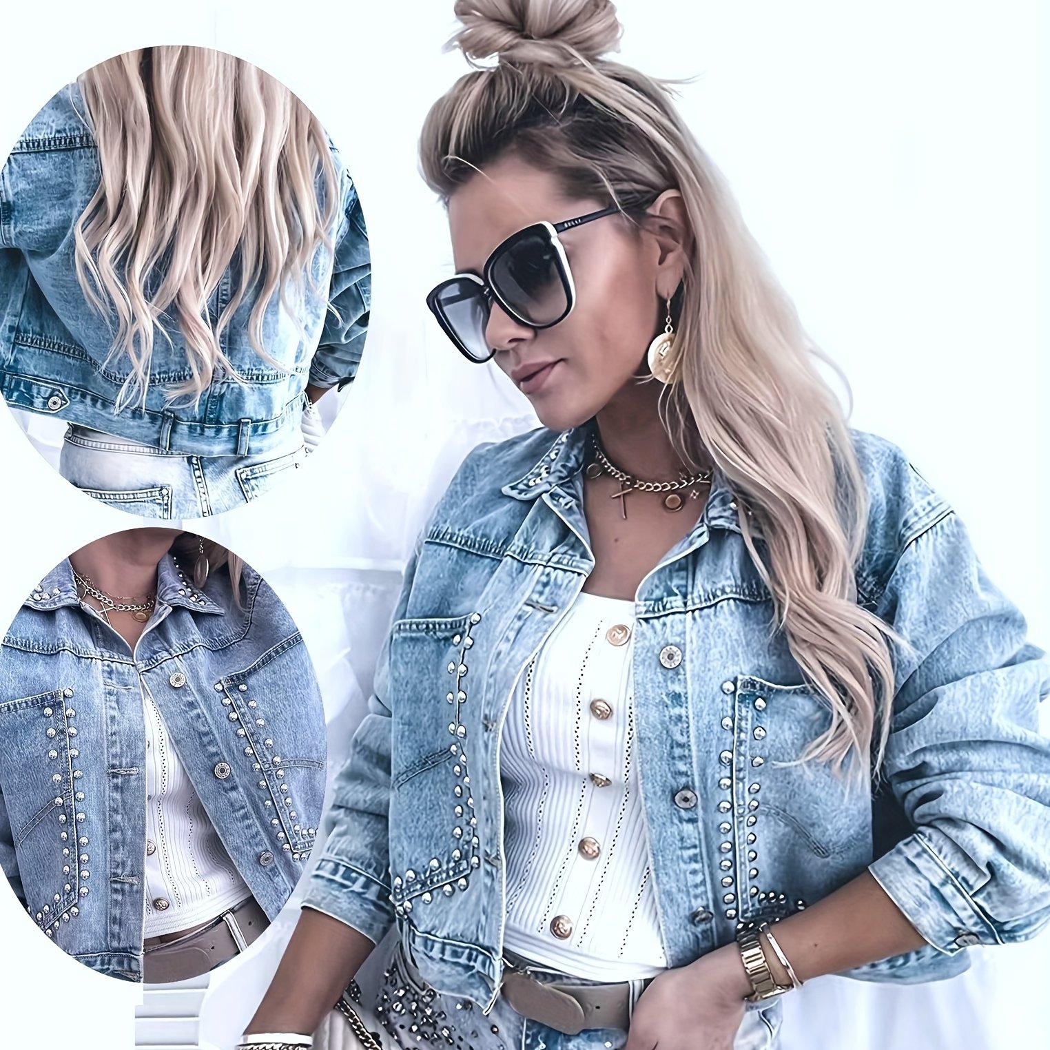 Image of 26aw Women's Non-elastic Rivet Stud Long Sleeve Short Denim Jacket Street Fashion