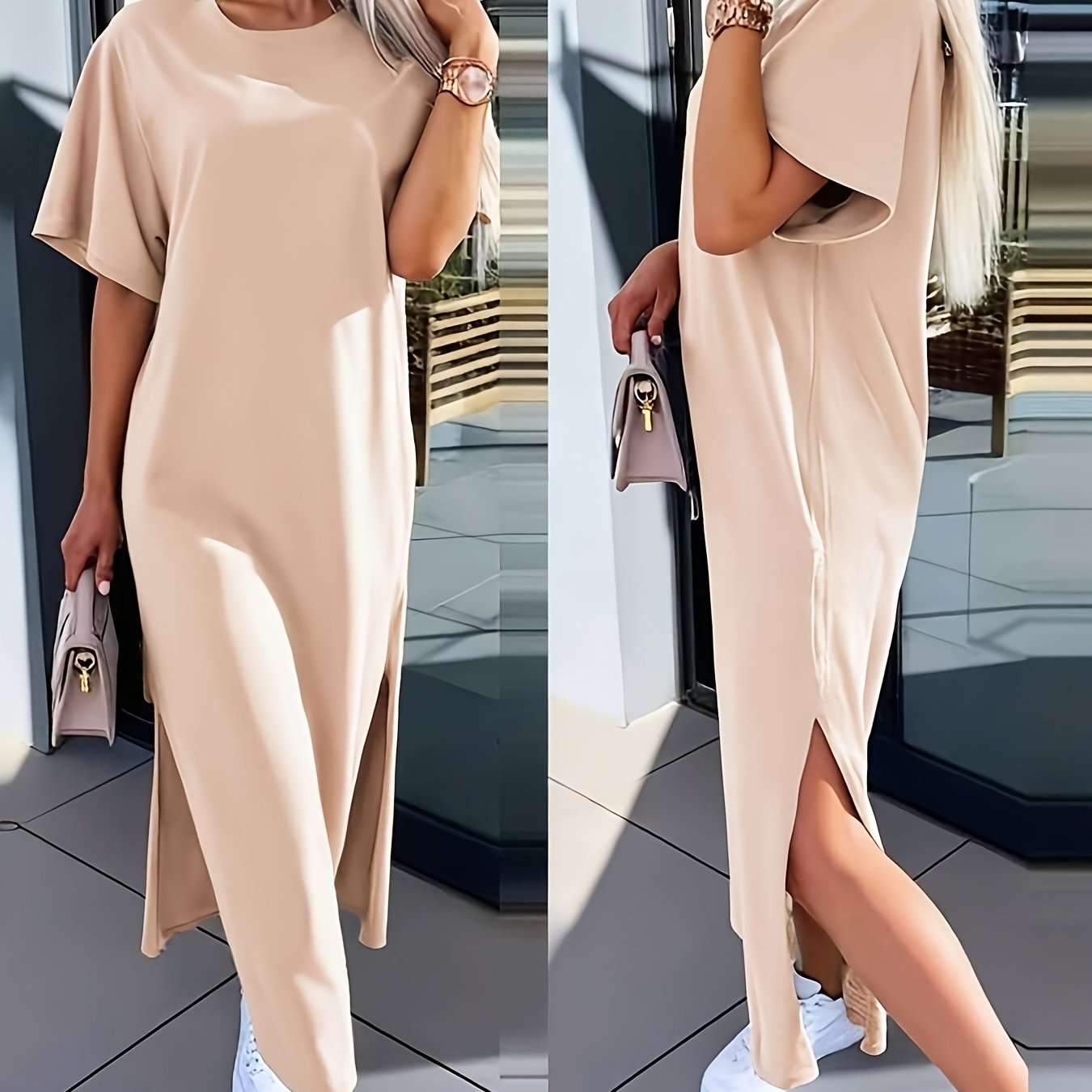 TEMU Women' Color Round Neck Ruffle Hem Short Sleeve Slit Dress