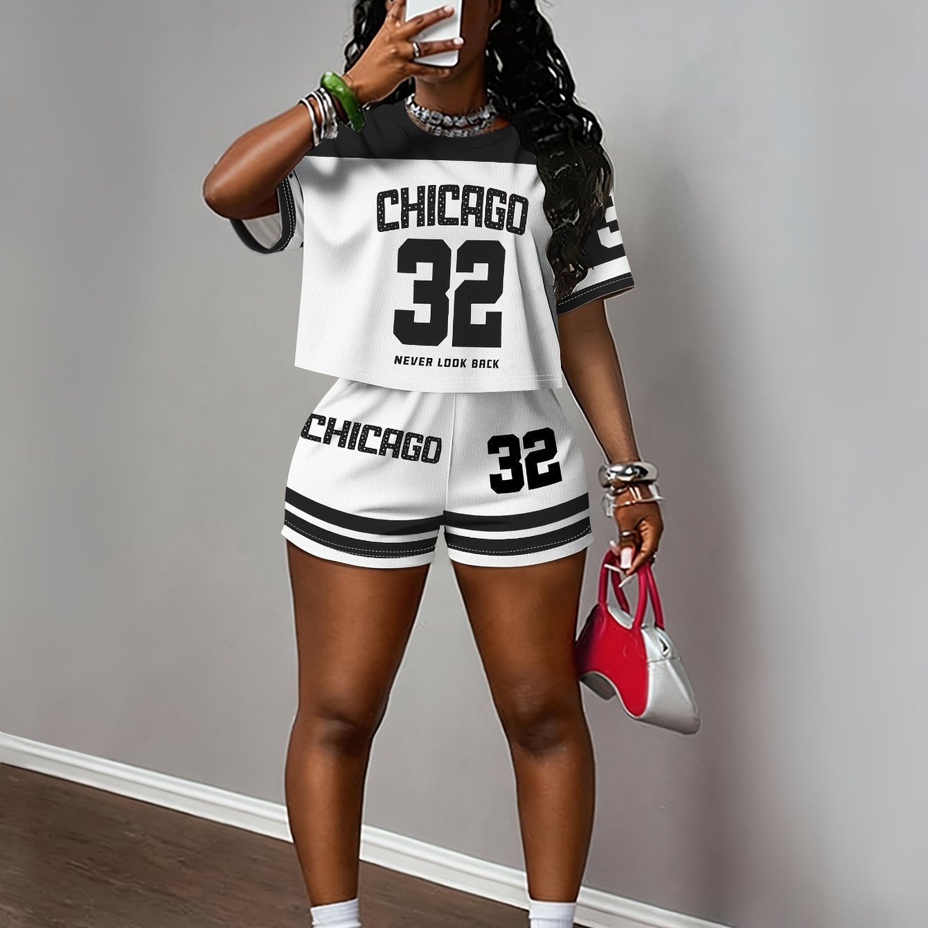 TEMU Women'-piece Set: Number-print Cropped Top And Shorts, , Loose For Summer, Suitable For Street Style, Wear, And Everyday Wear, Made Of Soft And