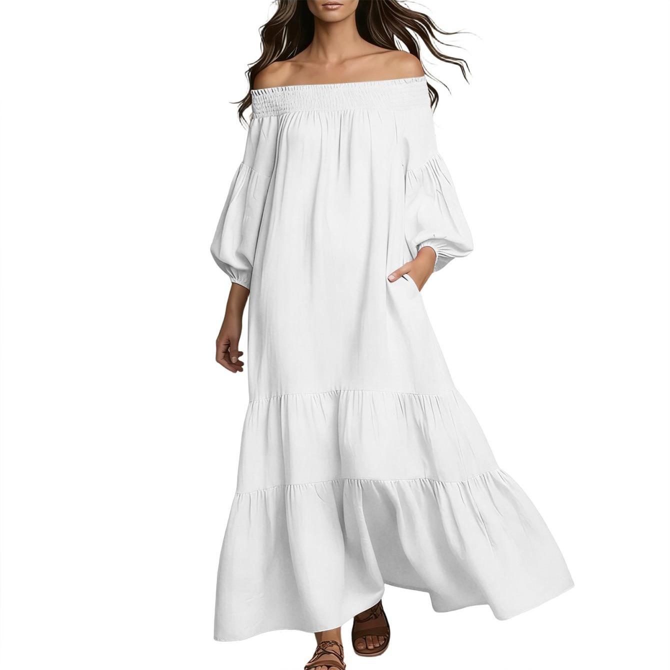 Image of Soft Minimalist Comfortable Women's Elegant Fashion Casual Flowing Dress, Beach Off-shoulder Three-quarter-sleeves Solid Color Loose Maxi Skirt, Charm Feminine Classic