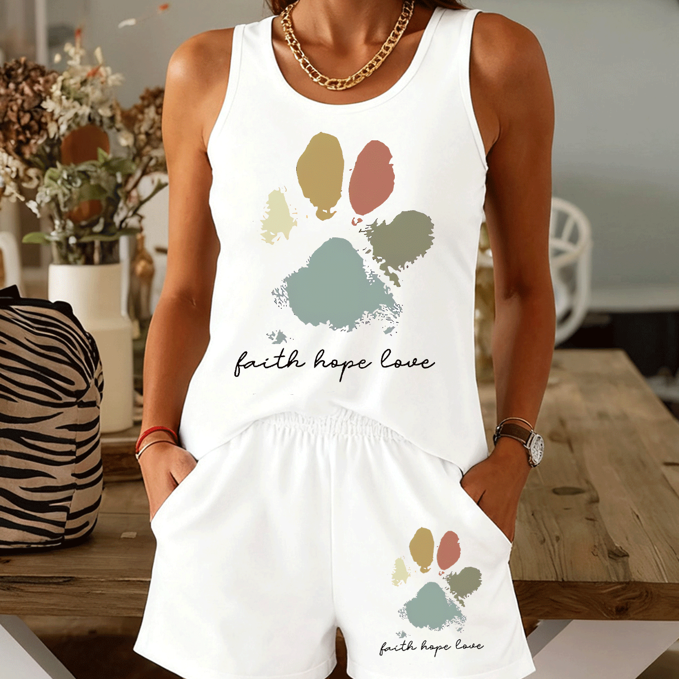 TEMU Summer Tie-dye Paw Print Slogan Set Women's 'faith Love' Style Vest And Shorts Casual Two-piece Set Comfortable Ladies Fashion Clothing - Soft