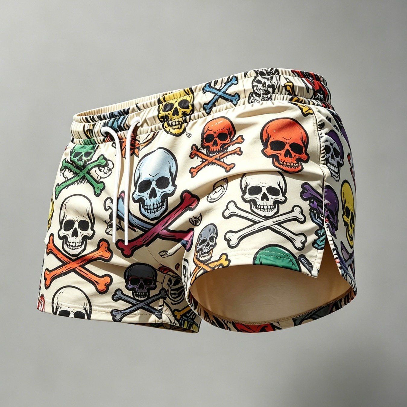 Image of Men's Beach Shorts, Trendy Items For Seaside Surfing, Essential Styles For Men' Vacations, Men's Swim Trunks, Color- Graffiti Skull And Print, Adjustable Drawstring, Polyester Fabric Swimming Pool