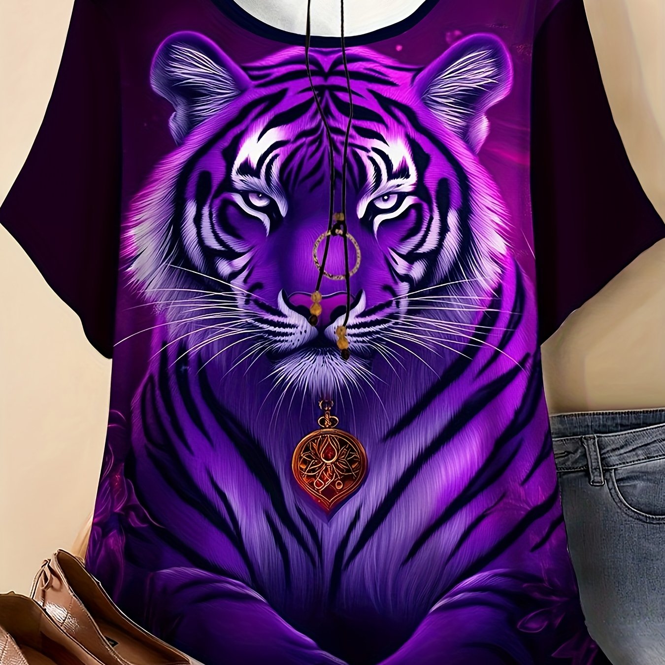 TEMU Plus Size - Plus Size - Women's Purple Tiger And Floral Print T-shirt - A Casual Short-sleeve Round-neck Top Featuring Retro Pop Art Design,