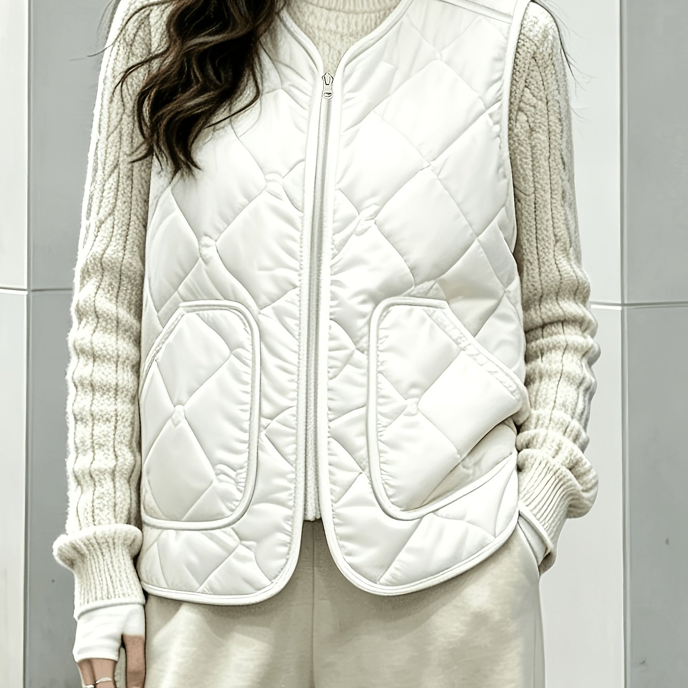 TEMU Women's Vest Sleeveless Shoulder Spring Autumn Winter Warm Neck Zipper Front Short Sleeve Jacket Loose Fit Easy Casual All-match Inside And