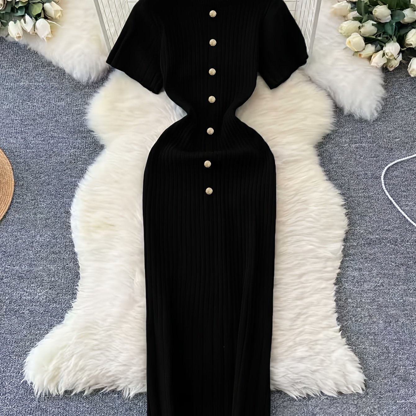 TEMU Retro Ribbed Dress, Women's Golden Decoration, Waist-cinching, Short-sleeved Long Dress, Slim-fit, Hip-hugging, Mid-length Dress