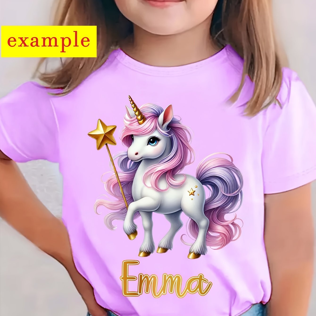 Image of Custom Made Dztx12074 Girls' Name Custom Name Unicorn Cartoon Pattern Print Cute Round Neck T-shirt