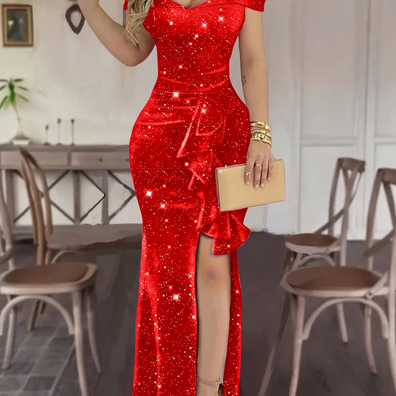 E-shop Elegantes Schulterfreies Pailletten-Partykleid - Langer, Asymmetrischer Saum, Glitzernder Rosa Stoff, für Formelle Anlässe & Besondere