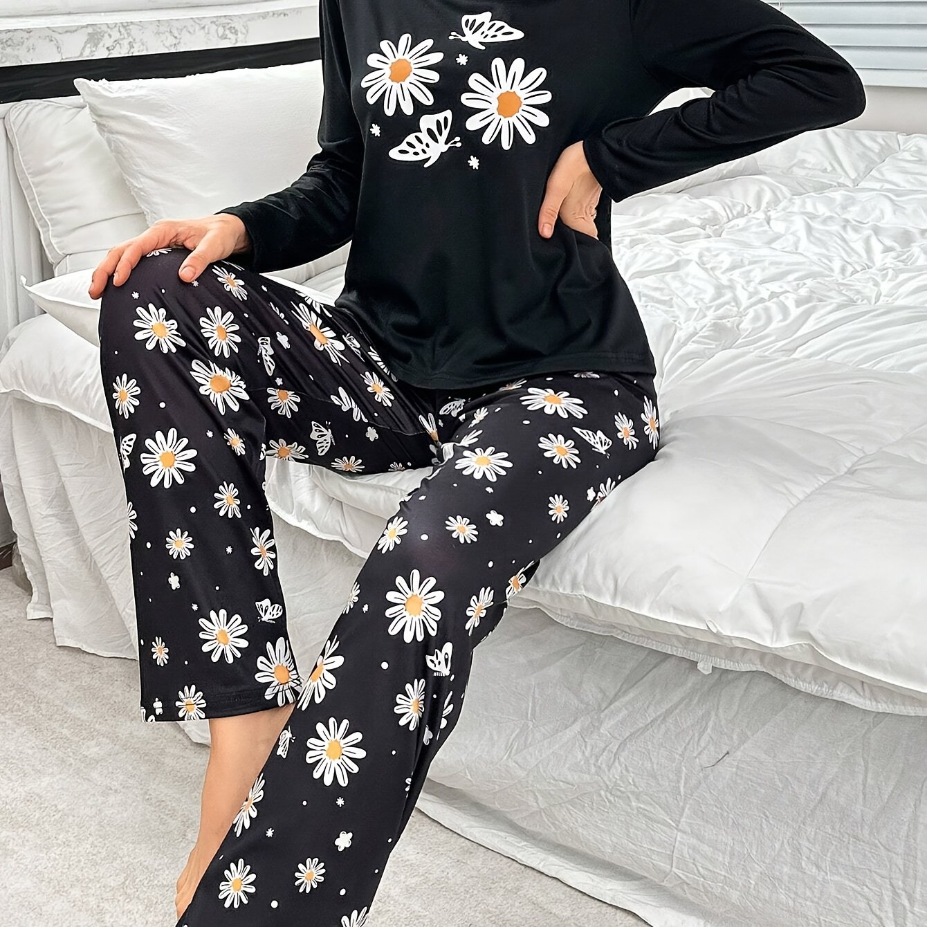 TEMU Daisy Print Long Sleeve Pajama Set For Women - Polyester Knit Fabric, Crew Neck, , Spring/fall Sleepwear With Long Pants