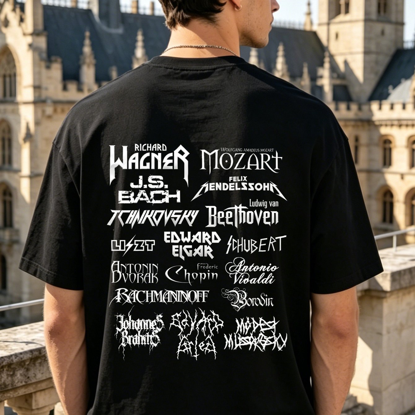 Image of With Classical Print: Heavy Font (, , Tchaikovsky, , Handel, Bach, ) Heavyweight, 100% Cotton, Loose Fit, Crew Neck Casual & Concert Outfit For Events Gift For Music Lovers