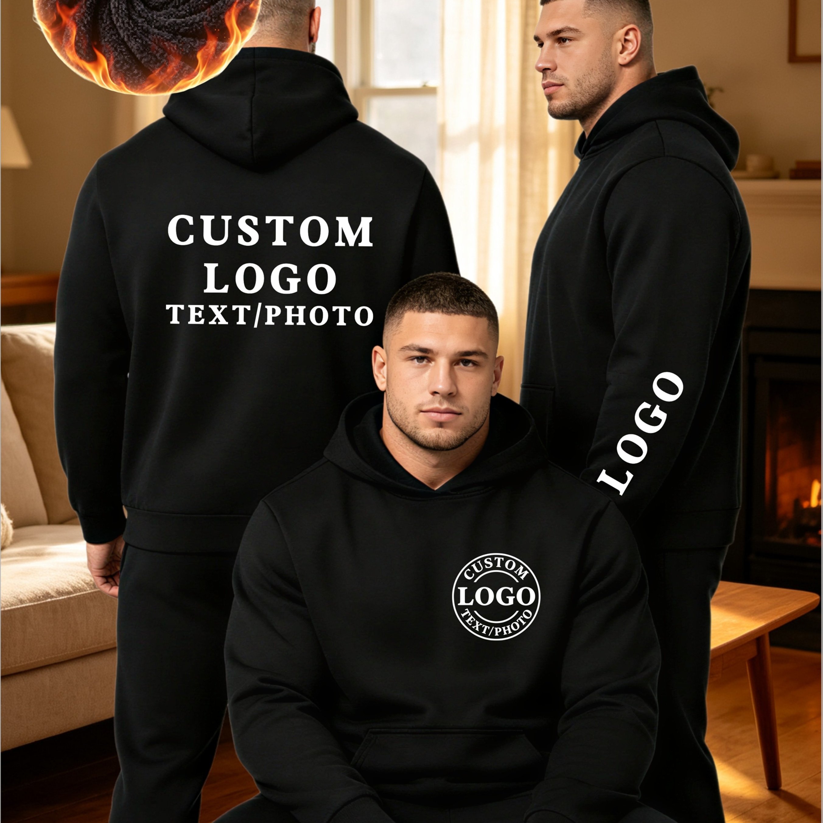 TEMU Men's Custom Logo Hooded Sweatshirt, Thickened Soft Warm Inner Lining, Diy Printing Available On Chest, Back, And Sleeves, Casual Long-sleeve