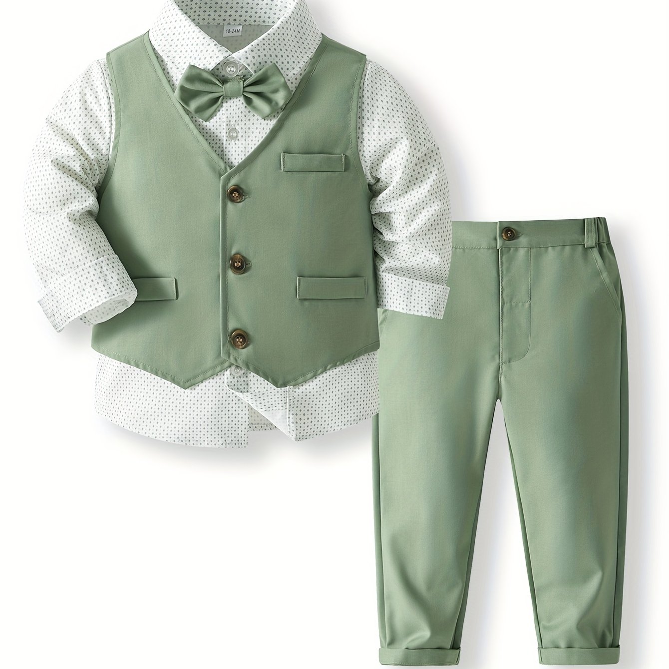 Image of Toddler Boy's , 4pcs Outfit With Long-sleeve Printed Shirt, Vest, Bow Tie, And Trousers, For Stylish Romantic Birthday Parties, Evening Performances, Weddings, And Christenings