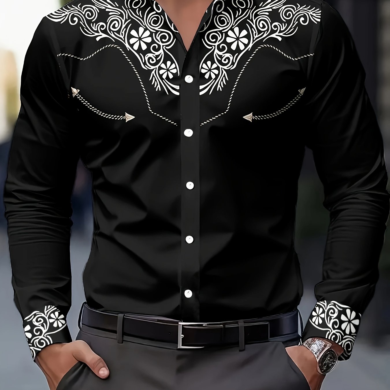 TEMU Men's Fashion Printed Shirt Denim Style Fashion Floral Print Men's Casual Long Sleeve Shirt, Spring, Summer, Autumn Men's, Denim Themed Clothing