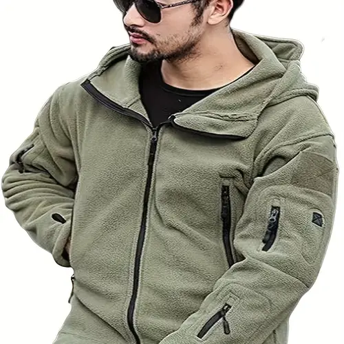 mens outdoor warm inner liner catching sweater mens cold jacket hood coat solid color hooded coat