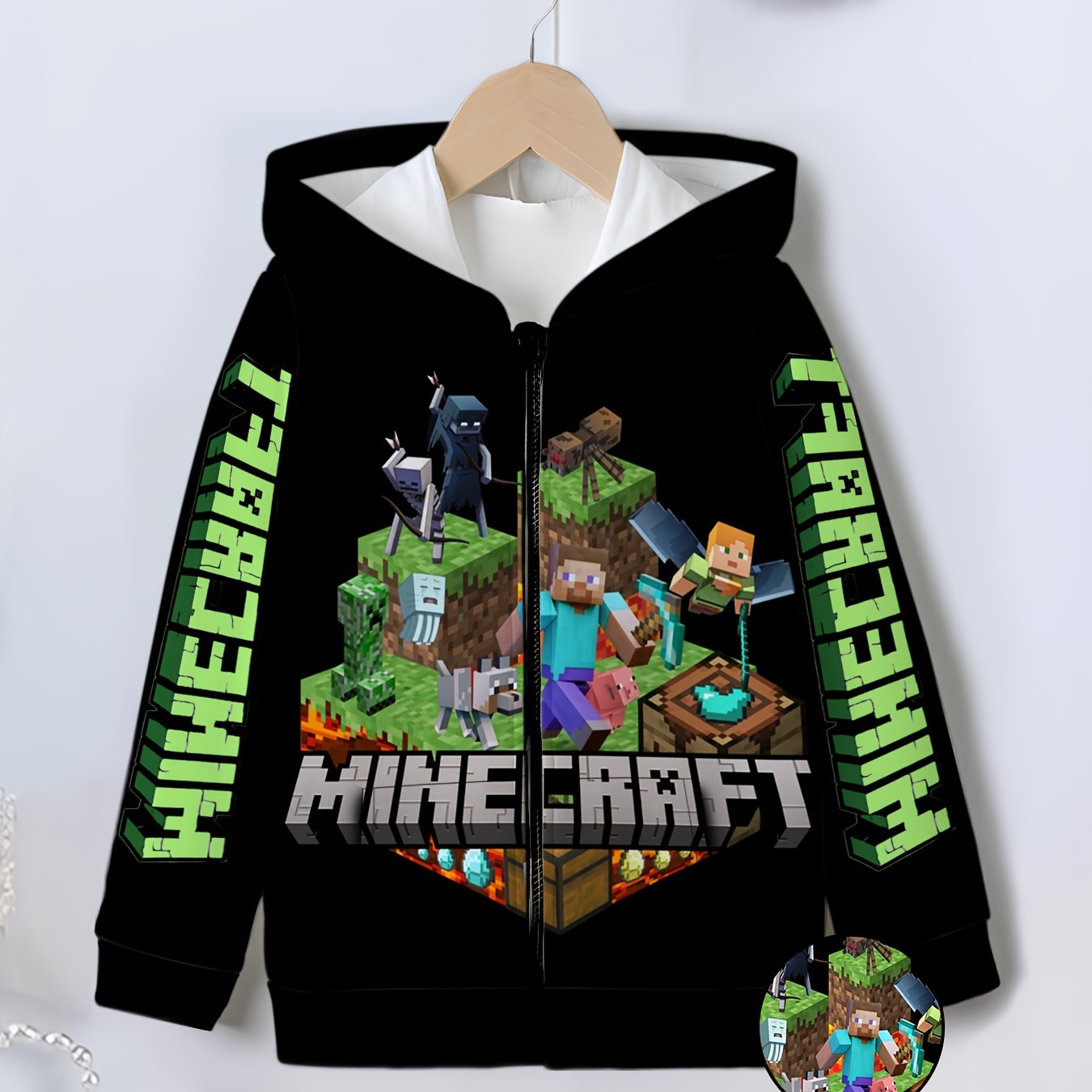 Image of Boys' Fashion Outerwear Winter Cardigan Hooded Jacket Zipper Sweater Long Sleeve Casual Sports Top Black Background Pixel Scene Print 3d Autumn Winter Boy Clothing