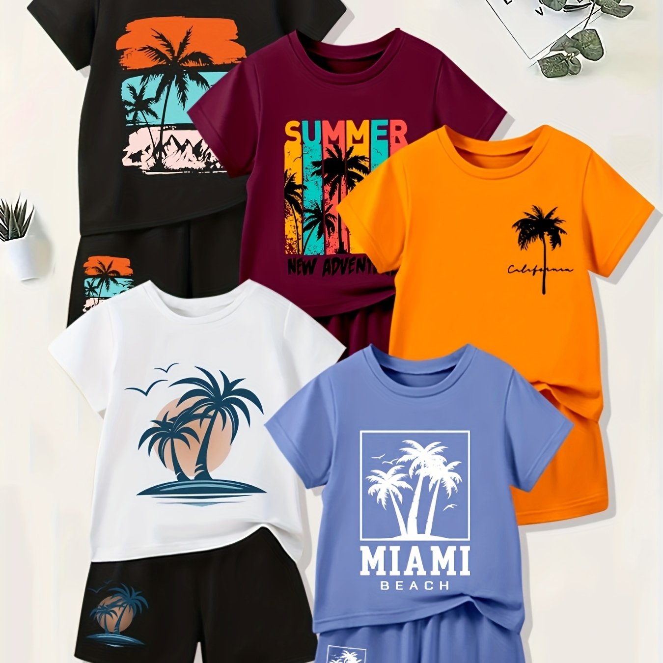 10pcs Boys' Summer Coconut Tree Print Round-neck Short-sleeve T-shirt And Shorts Casual Sport Set, Suitable For Outdoor Activities, Perfect For Outdoor