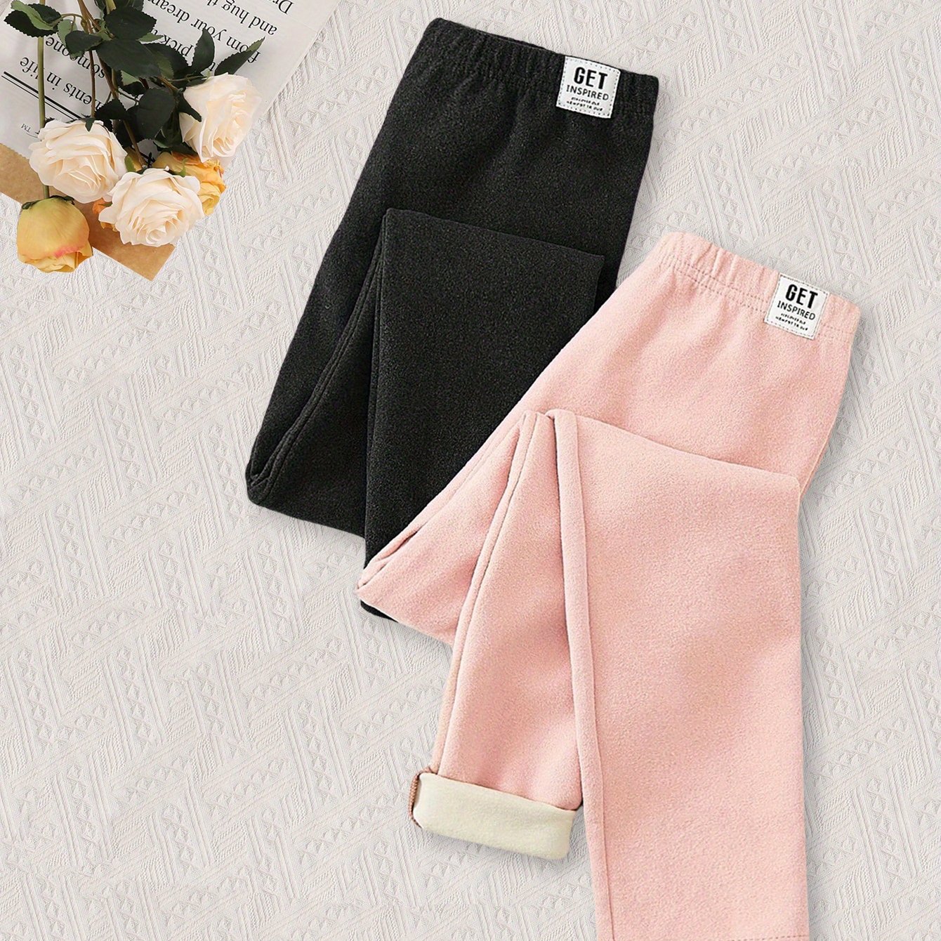 Image of Pc Of 2 Girls' Fashionable Fleece-lined Slim Fit Pants, For Outdoor