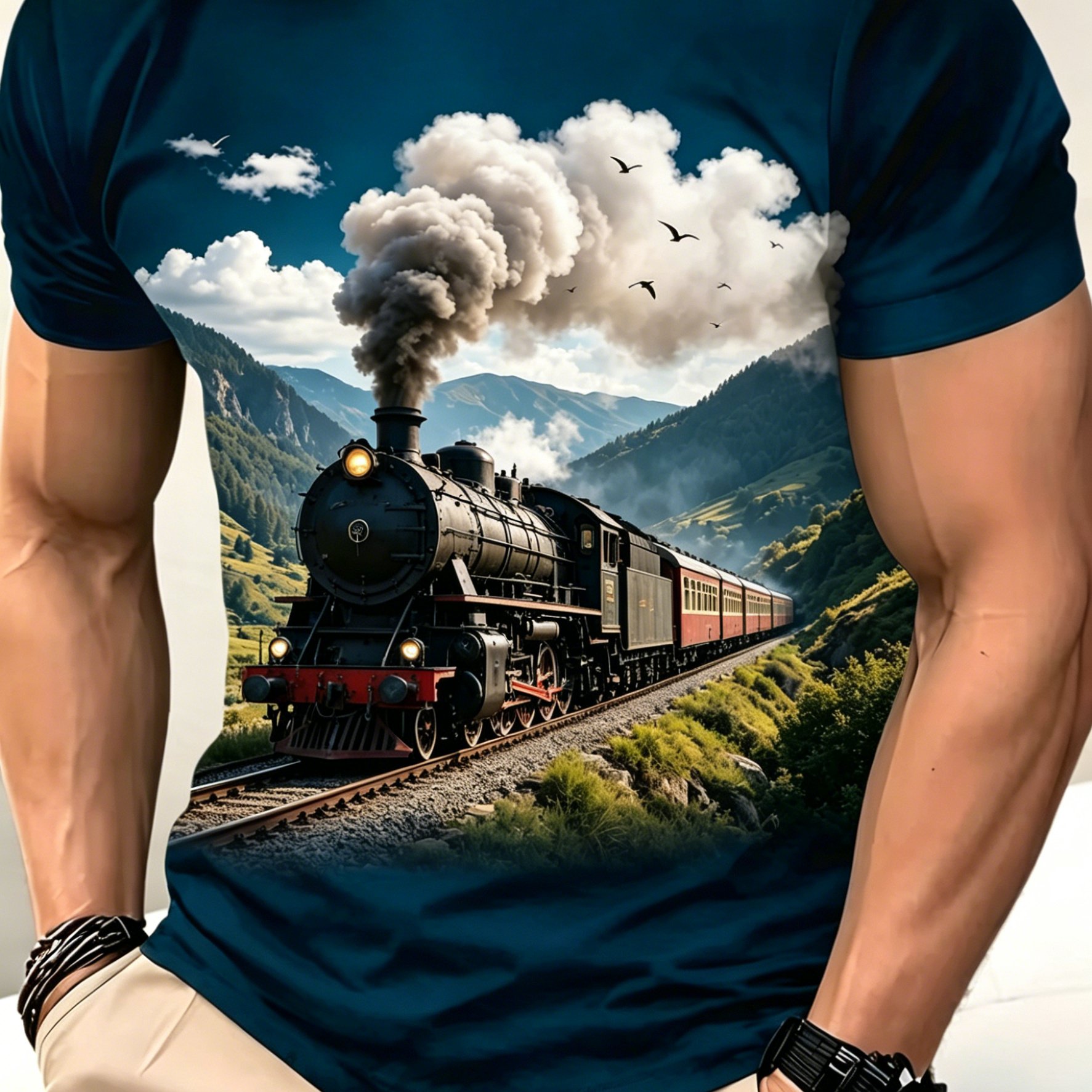 TEMU Men's Vintage Steam Train T-shirt - Full-body Retro Print Short Sleeve Crew Neck Top | Plus Size Oversized Fit Suitable For Casual Summer Wear,