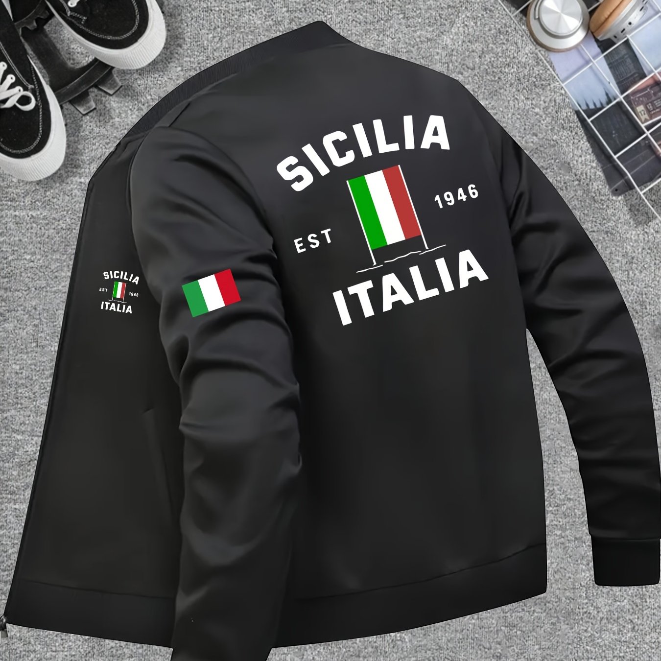 TEMU Veste Homme avec Imprimé Drapeau de Sicile, Col Baseball Zippé et Lavable en Machine - Vêtement Extérieur Décontracté Idéal pour Événements