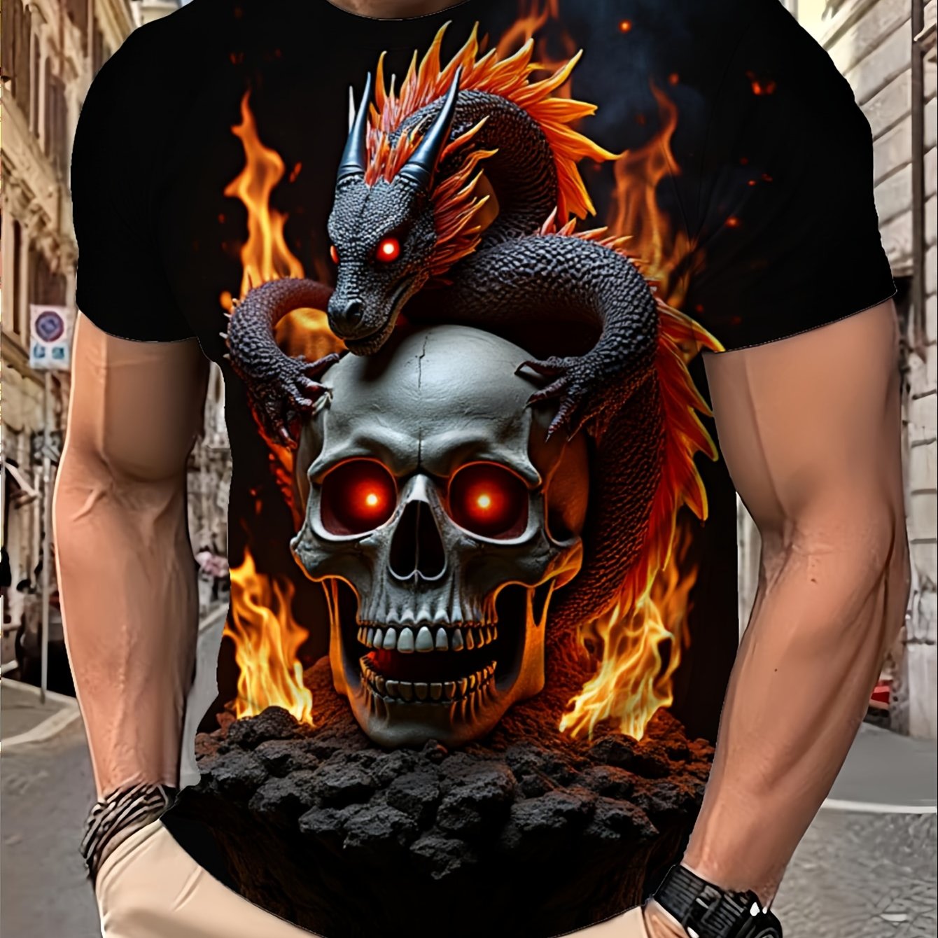 TEMU Men' Size Printed T-shirt, Standard Size Men's Printed Short Sleeve, Dragon And Skull Surrounded By Flames, Polyester Fiber, Crew Neck,